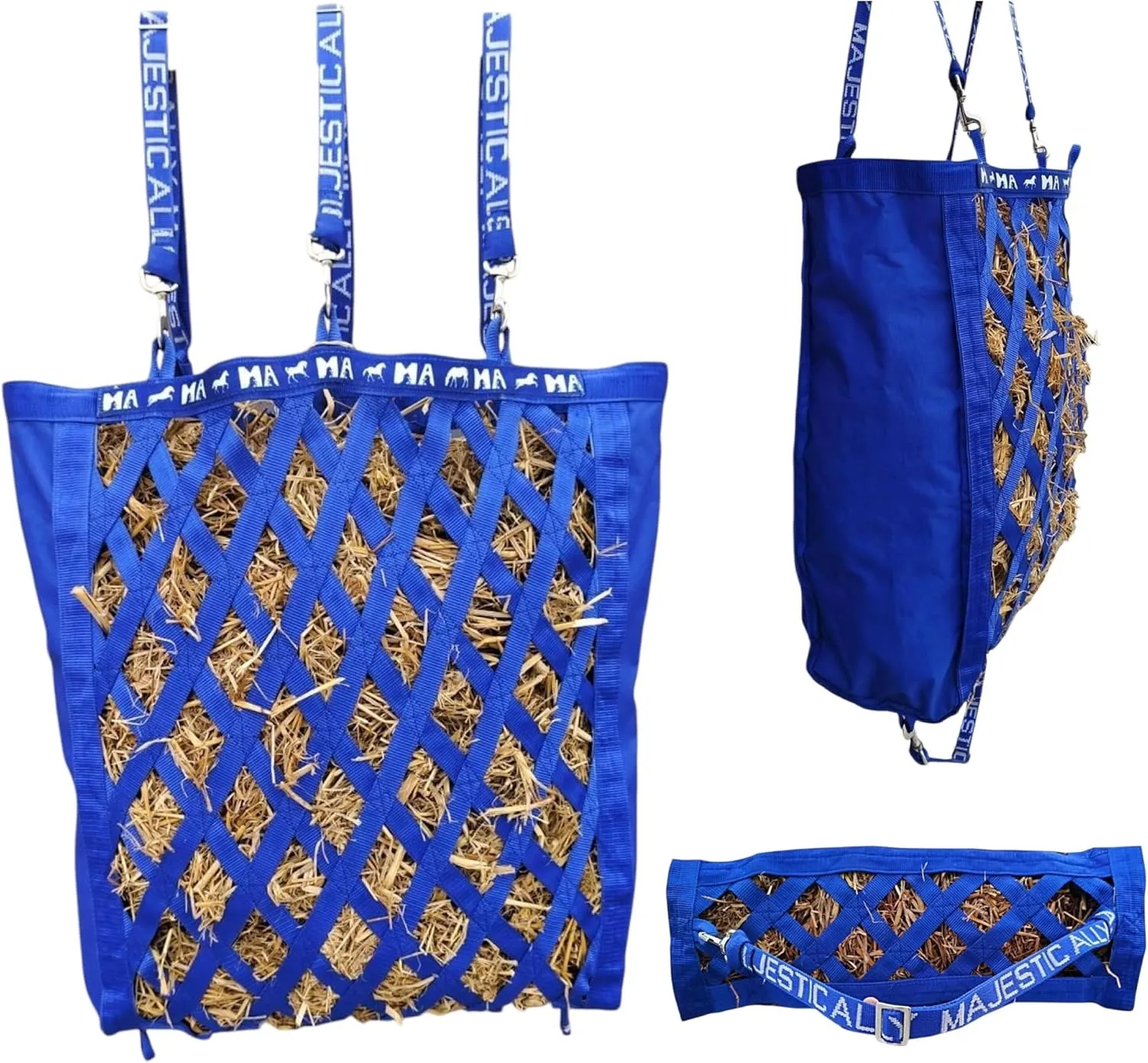 Majestic Ally Double Side Open Slow Feeder Hay Bag - Diamond Shaped Obliquely Placed Webbing (Royal Blue)