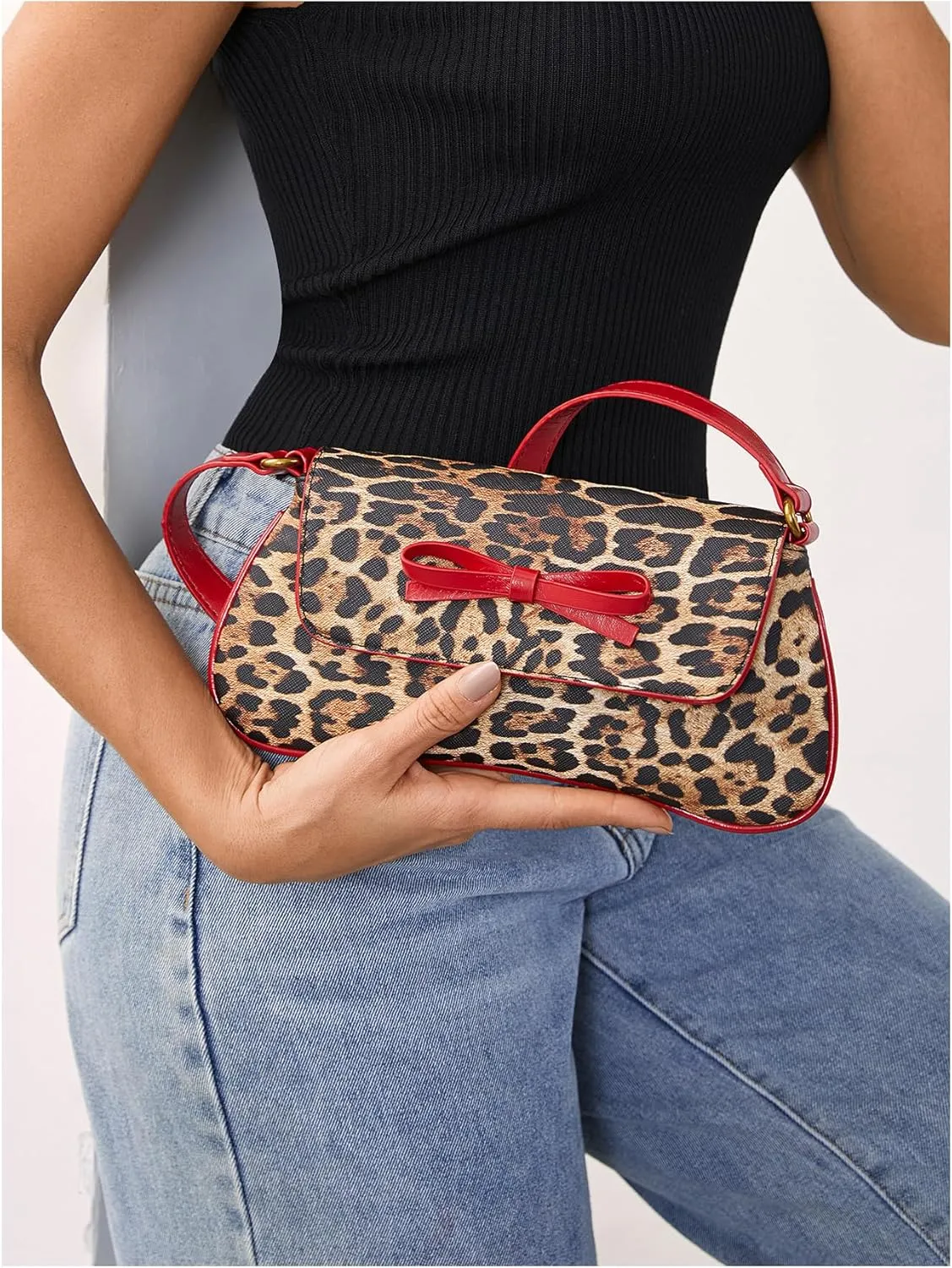 MakeMeChic Women's Cheetah Print Purse Faux Leather Leopard Bow Y2K Flap Shoulder Bag