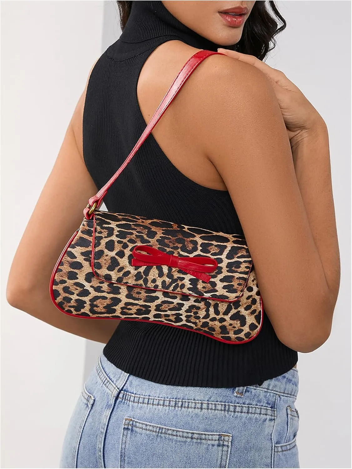 MakeMeChic Women's Cheetah Print Purse Faux Leather Leopard Bow Y2K Flap Shoulder Bag