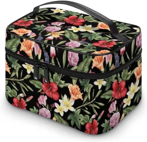 Makeup Bag Tropic Watercolor Flower Cosmetic Bag for Women Beauty Zipper Makeup Organizer PU Leather Waterproof Toiletry Train Case Summer Palm