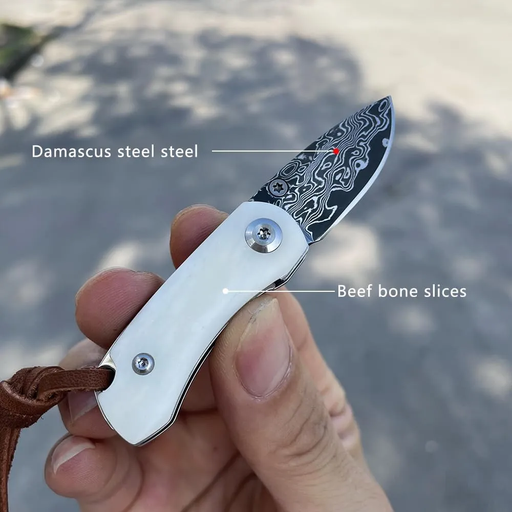 manual Damascus steel pocket knife, bone handle folding knife with inner lock 3.46 inch MINIEDC knife, hunting and camping tool (white)
