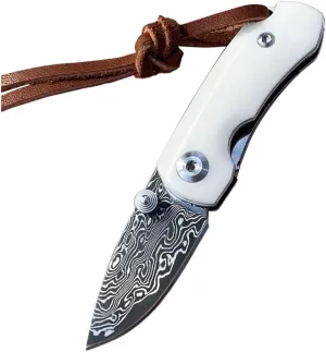 manual Damascus steel pocket knife, bone handle folding knife with inner lock 3.46 inch MINIEDC knife, hunting and camping tool (white)