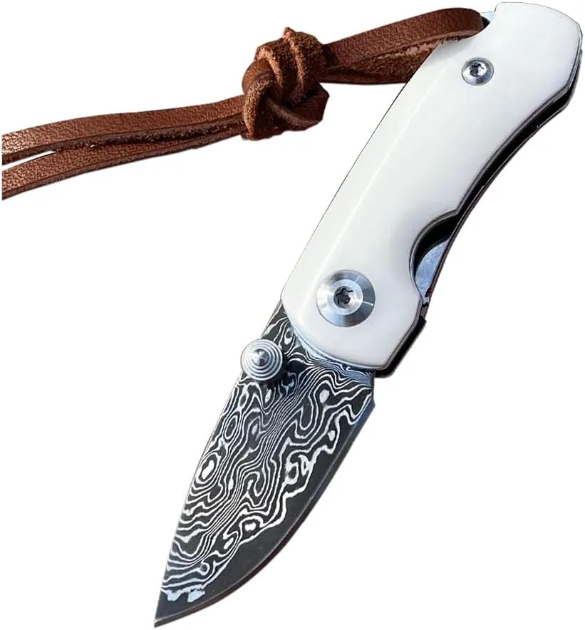 manual Damascus steel pocket knife, bone handle folding knife with inner lock 3.46 inch MINIEDC knife, hunting and camping tool (white)