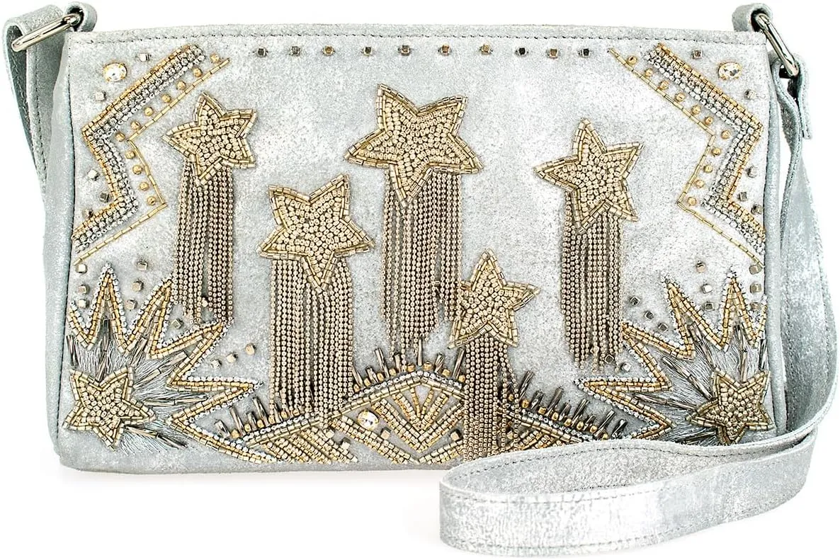 Mary Frances Silver Streak Beaded Handbag Starburst Crossbody Bag Novelty Purse