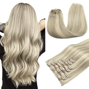 MAXITA Clip in Hair Extensions Real Human Hair, 18 Inch 7 pcs Ash Blonde Highlighted Platinum Blonde 80g, Extensions Clip ins for Woman