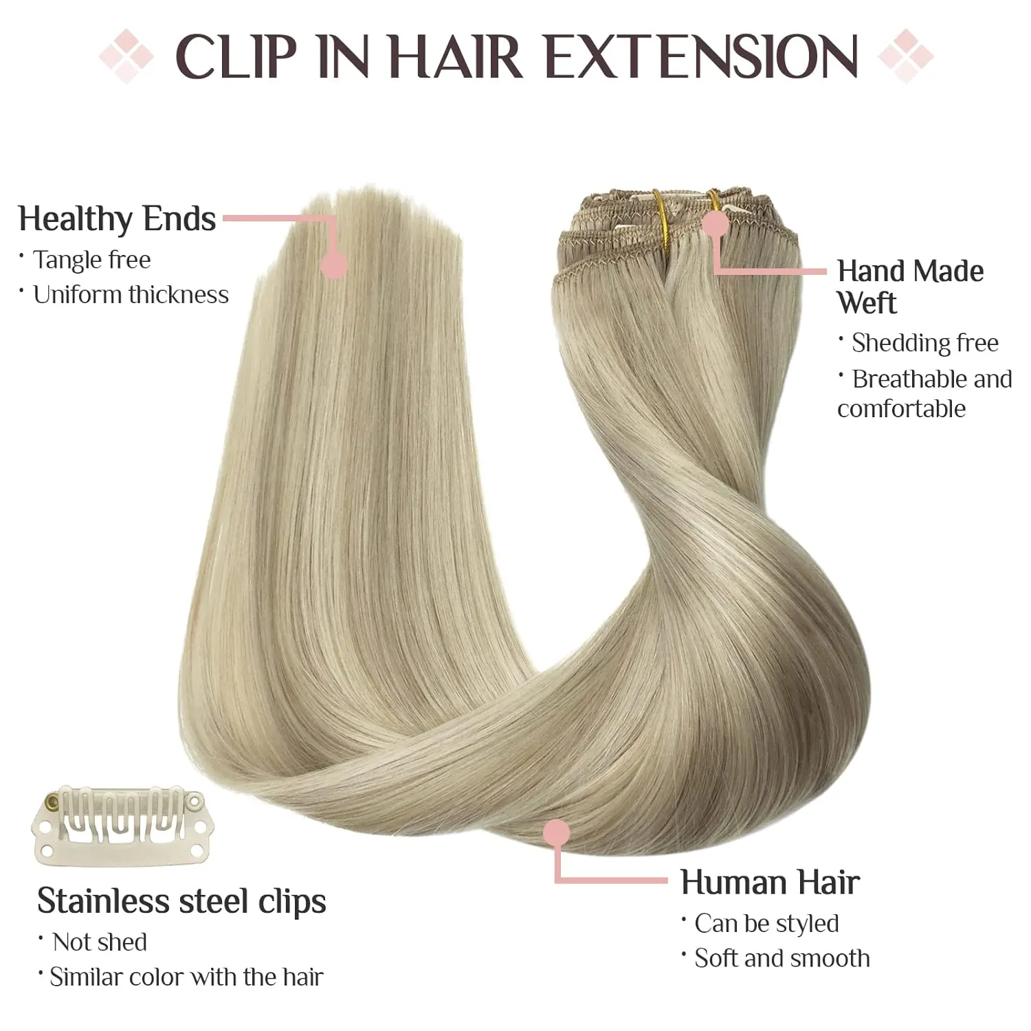 MAXITA Clip in Hair Extensions Real Human Hair, 18 Inch 7 pcs Ash Blonde Highlighted Platinum Blonde 80g, Extensions Clip ins for Woman