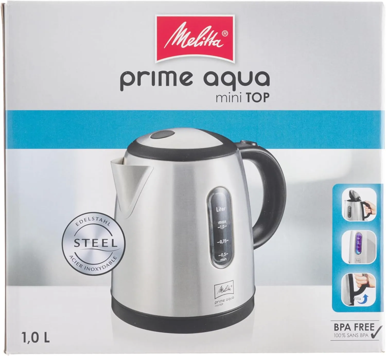 Melitta Prime Aqua Mini Top Stainless Steel Kettle 1 Litre