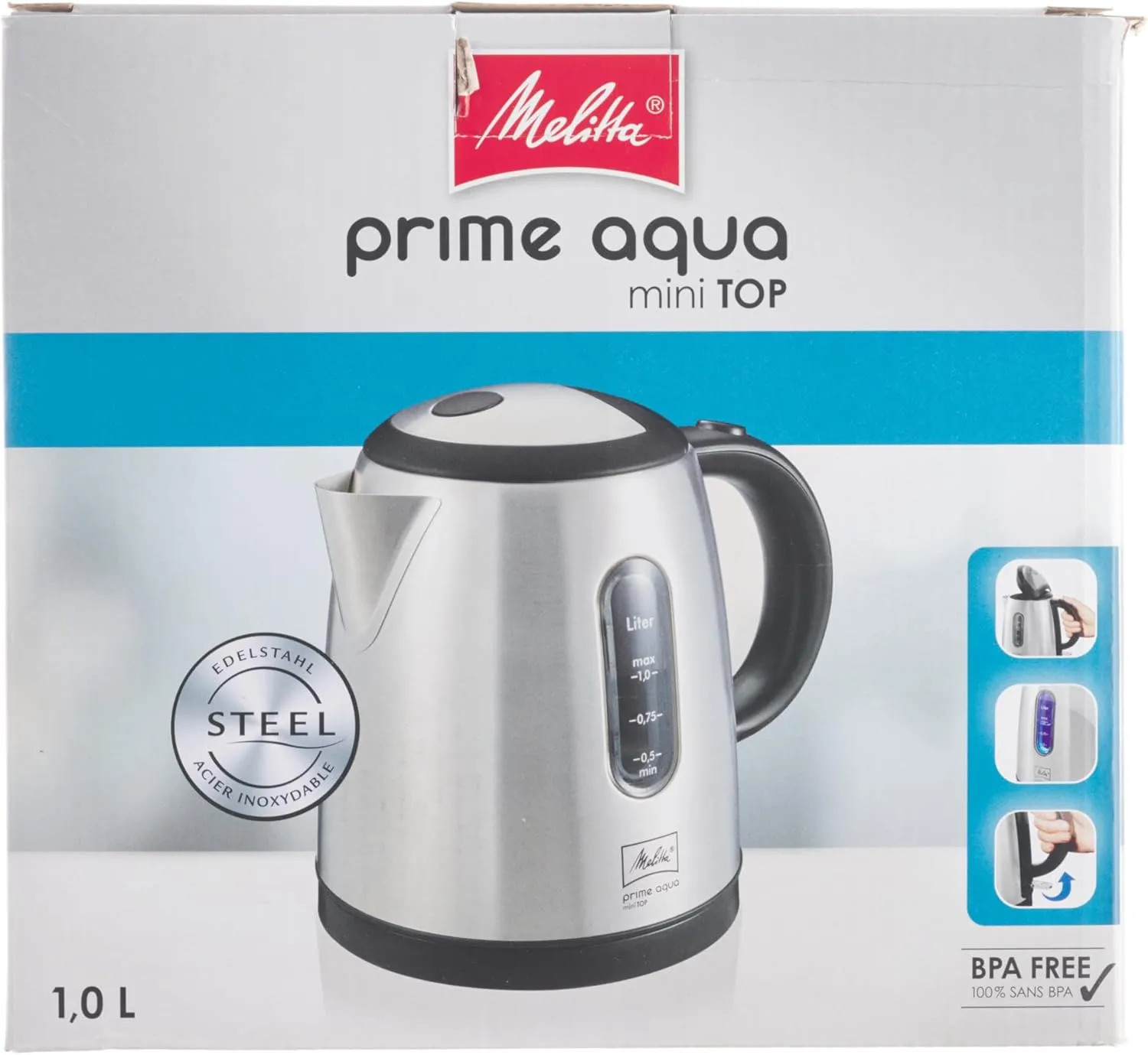 Melitta Prime Aqua Mini Top Stainless Steel Kettle 1 Litre