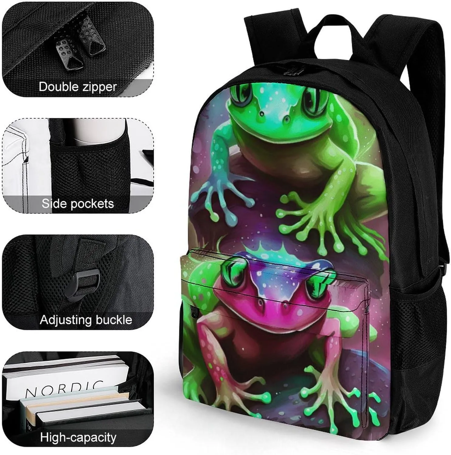 Men Women Polyester Watercolor Frogs Art Daypack Big Capacity Shoulder Bag With Smooth Zippers for Hiking Work Walking Cycling