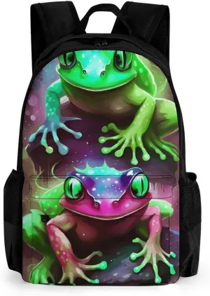 Men Women Polyester Watercolor Frogs Art Daypack Big Capacity Shoulder Bag With Smooth Zippers for Hiking Work Walking Cycling