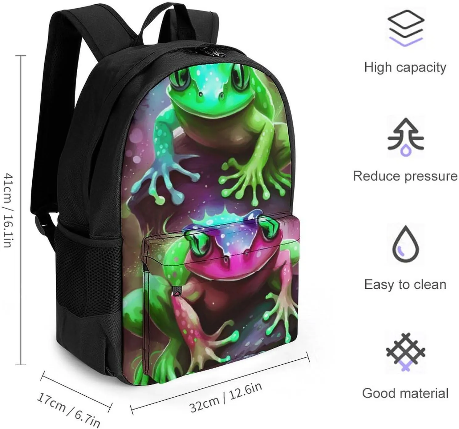 Men Women Polyester Watercolor Frogs Art Daypack Big Capacity Shoulder Bag With Smooth Zippers for Hiking Work Walking Cycling