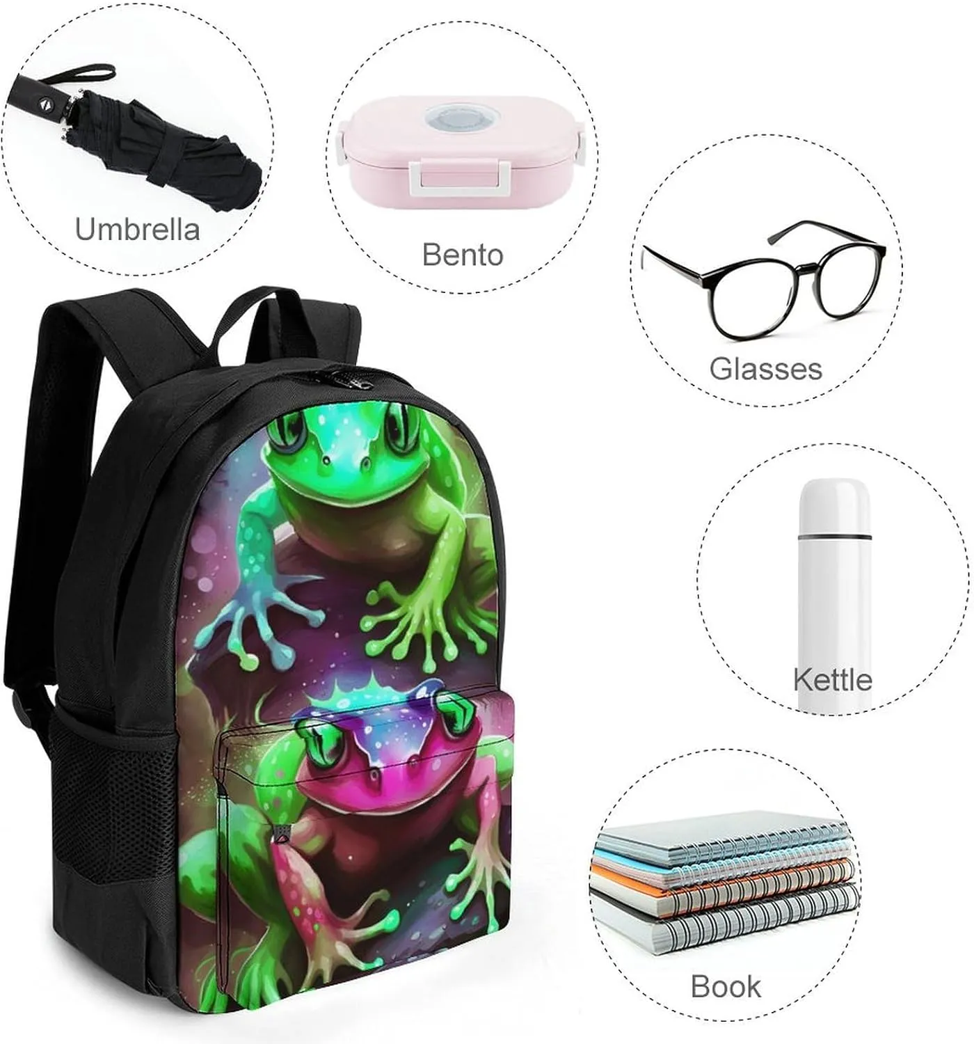 Men Women Polyester Watercolor Frogs Art Daypack Big Capacity Shoulder Bag With Smooth Zippers for Hiking Work Walking Cycling