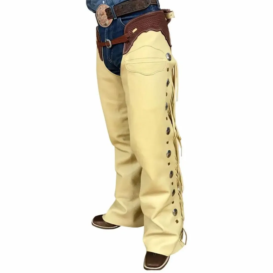 Men's Beige Leather Chaps Western Cowboy Fringe Chaps LBCP314