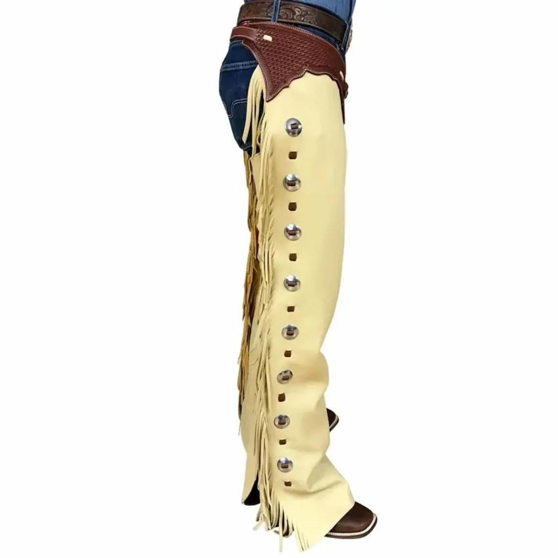 Men's Beige Leather Chaps Western Cowboy Fringe Chaps LBCP314