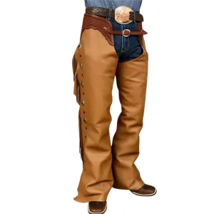Men's Brown Leather Chaps Western Cowboy Fringe Chaps LBCP310
