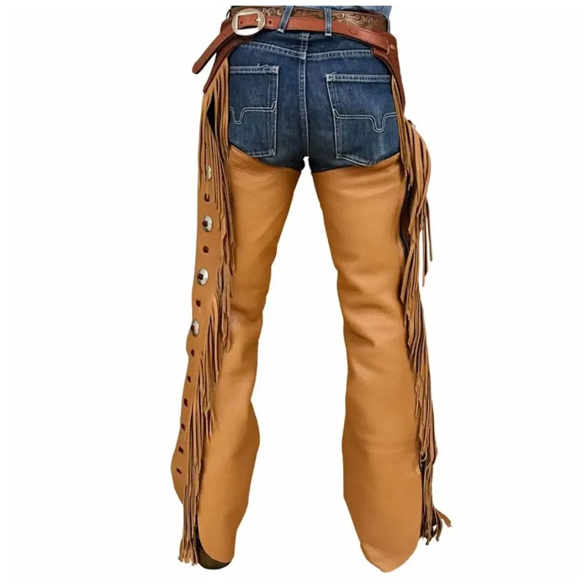 Men's Brown Leather Chaps Western Cowboy Fringe Chaps LBCP310