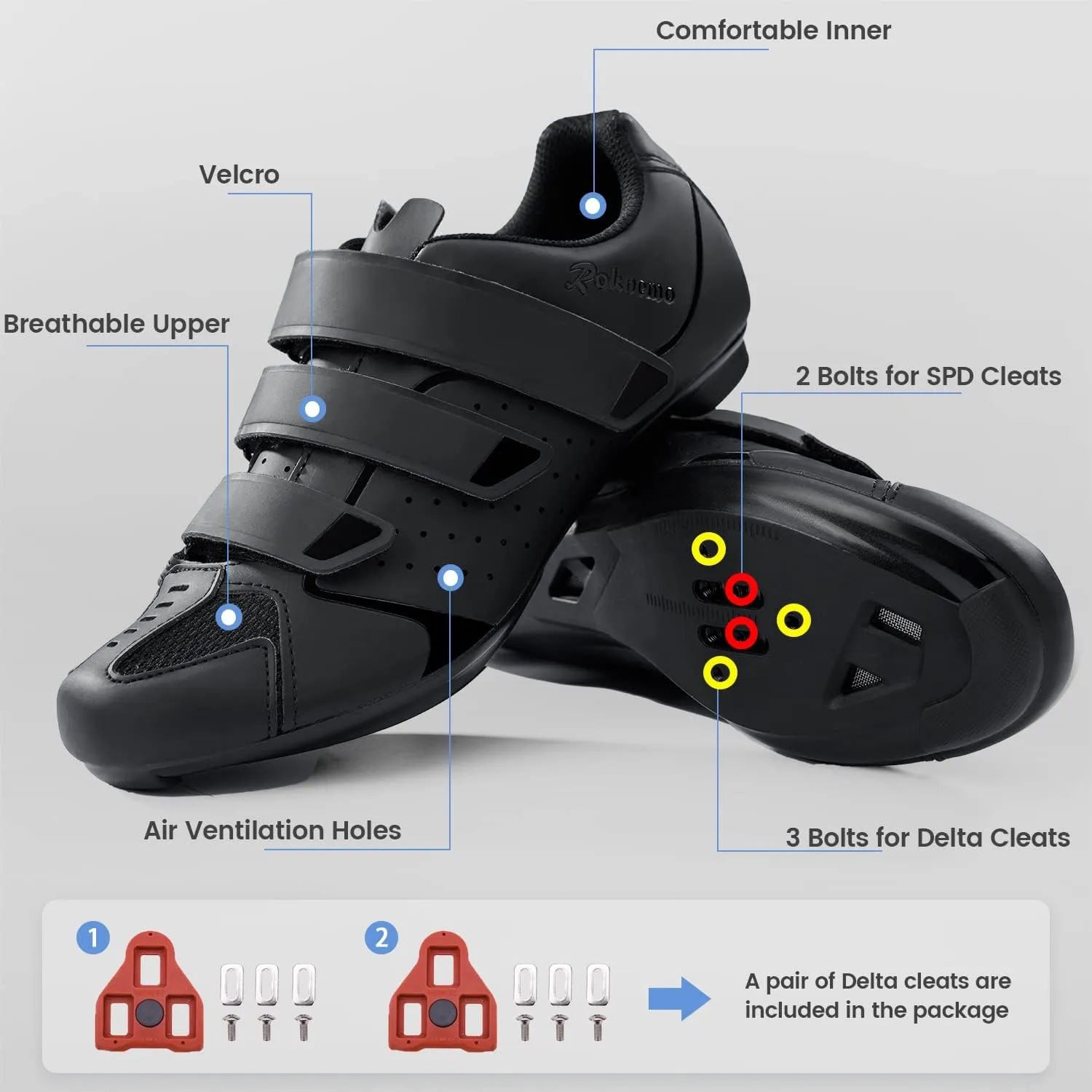 Mens Cycling Shoes Compatible with Peloton Bike & SPD 2 Bolt Clips - Unisex Spin Bicycle Shoes with 3 Bolt Look Delta Cleats - Indoor Outdoor Road Bike Cycling