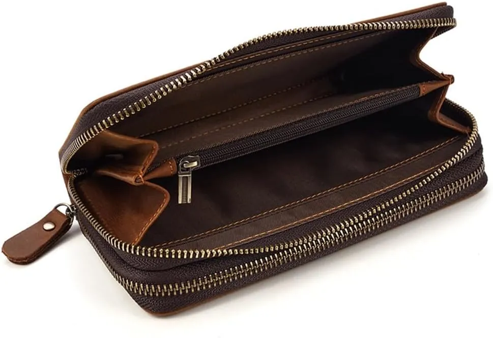 Men's Leather Long Wallet Leather Zipper Money Bun Top Layer Cowhide Clutch Purse Coin Wallet