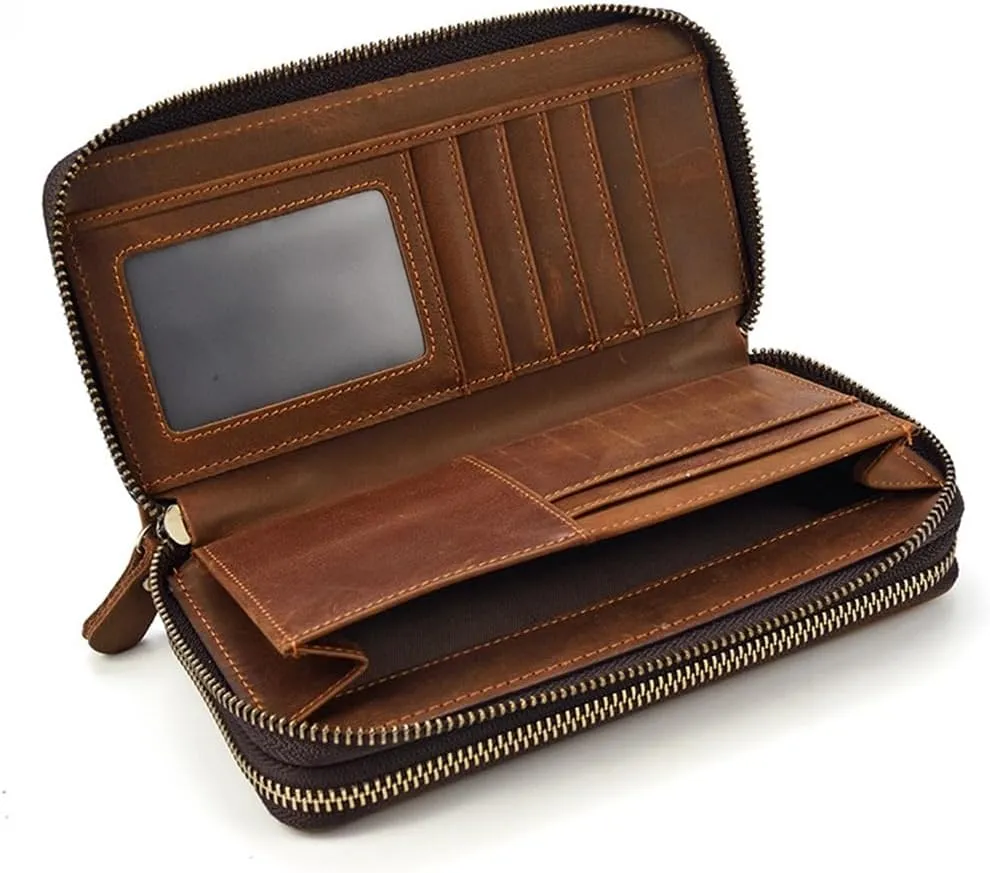 Men's Leather Long Wallet Leather Zipper Money Bun Top Layer Cowhide Clutch Purse Coin Wallet