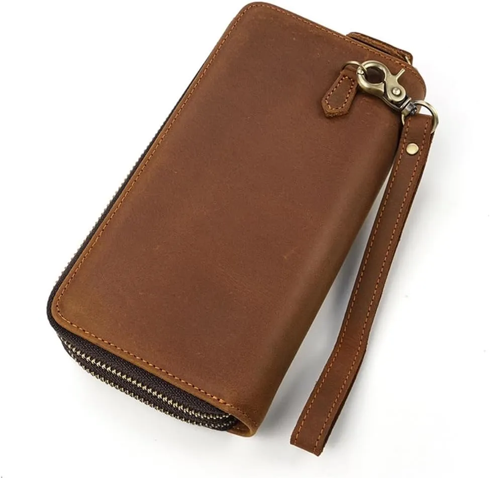 Men's Leather Long Wallet Leather Zipper Money Bun Top Layer Cowhide Clutch Purse Coin Wallet