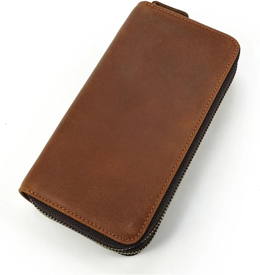 Men's Leather Long Wallet Leather Zipper Money Bun Top Layer Cowhide Clutch Purse Coin Wallet