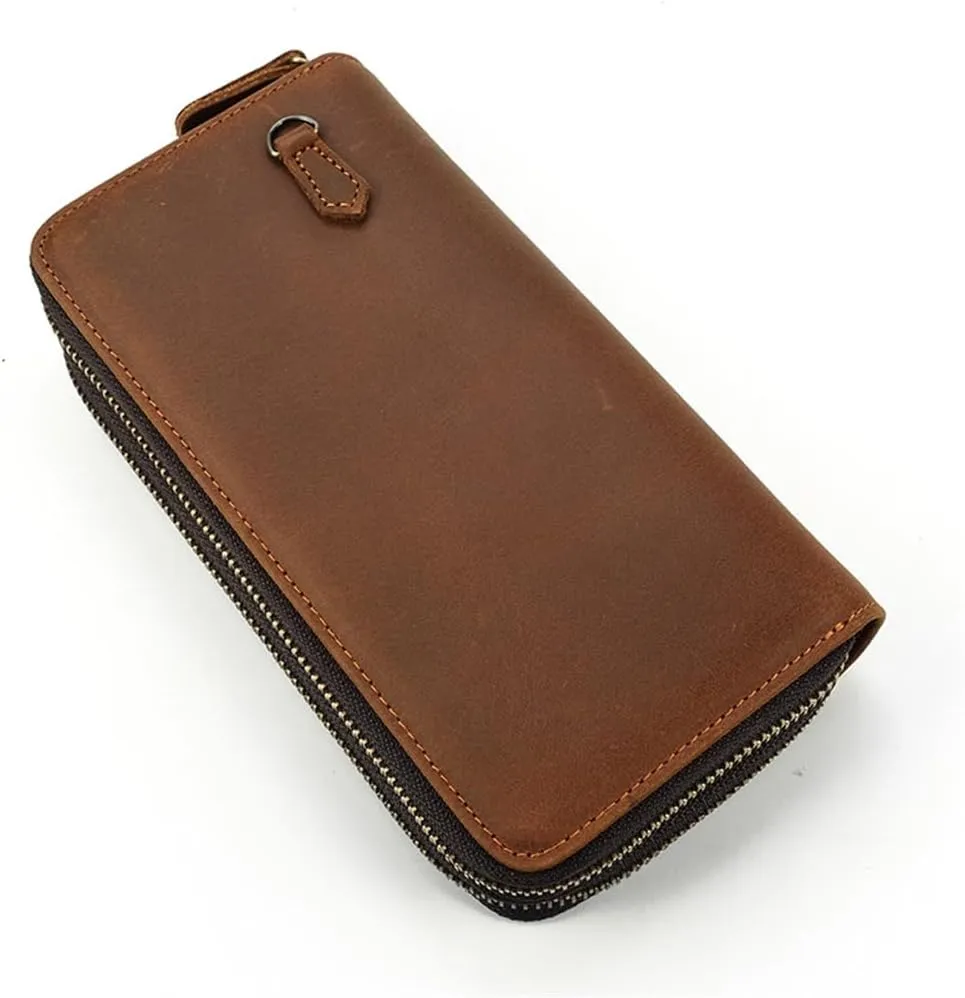 Men's Leather Long Wallet Leather Zipper Money Bun Top Layer Cowhide Clutch Purse Coin Wallet