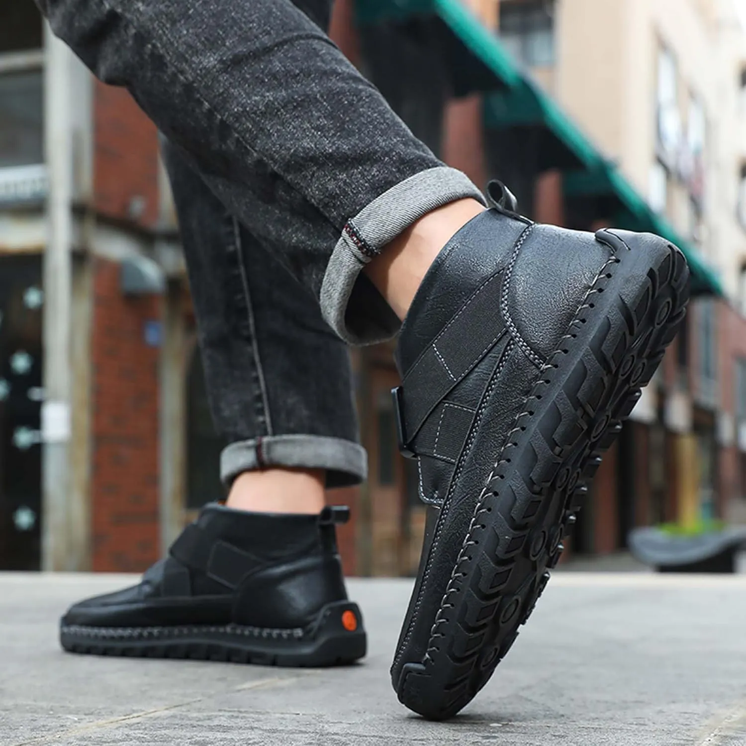 Men's Premium Leather Walking Shoes, Mid Top Fashion Casual Sneakers, Business Casual Leather Shoes, Driving Shoes, Durable, Hand Sewn, Easy to Put on