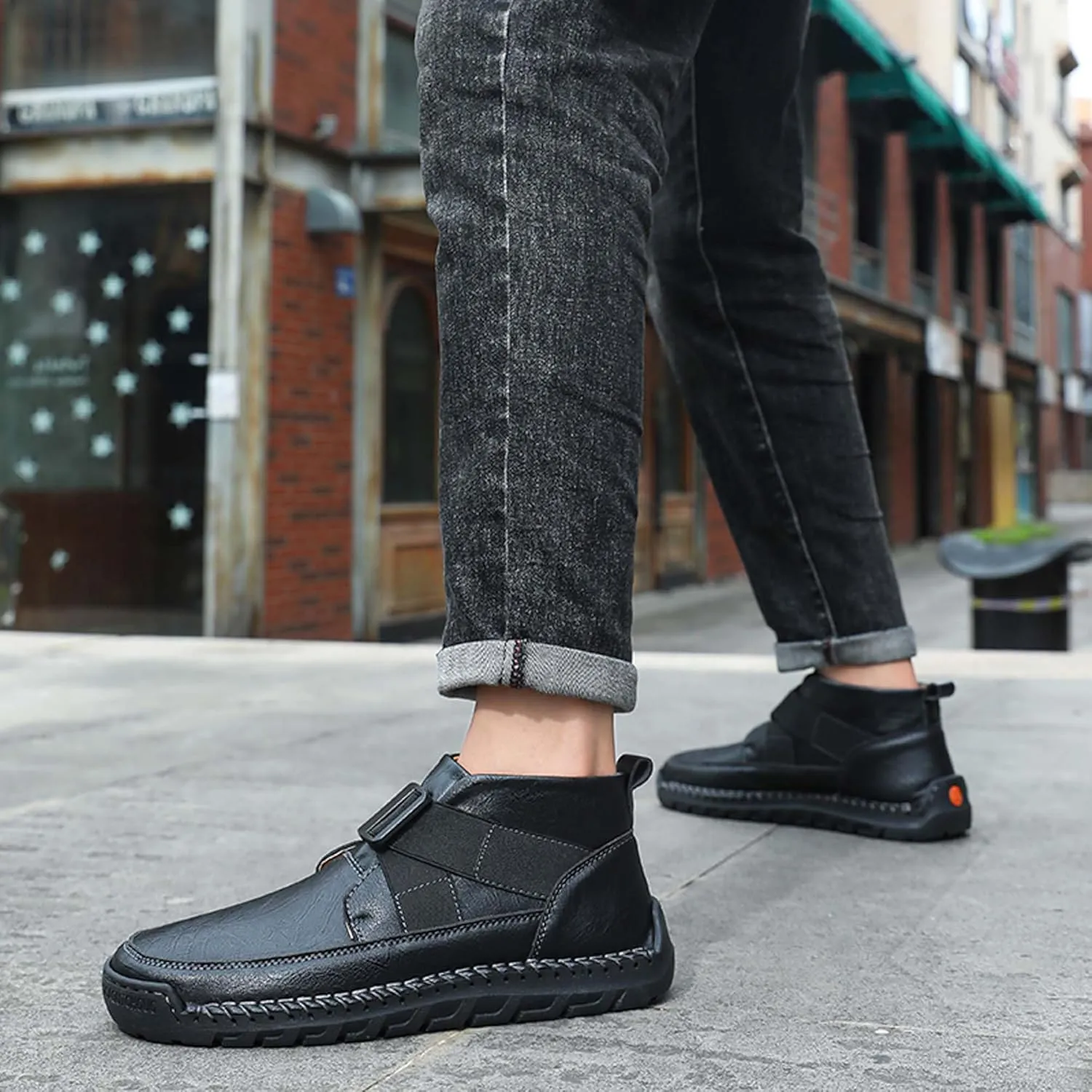 Men's Premium Leather Walking Shoes, Mid Top Fashion Casual Sneakers, Business Casual Leather Shoes, Driving Shoes, Durable, Hand Sewn, Easy to Put on