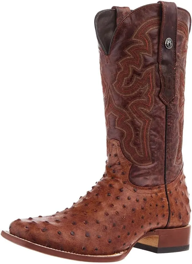 Men's Rustic Cognac Full Quill Ostrich Print Square Toe Cowboy Boot Cognac 12 D
