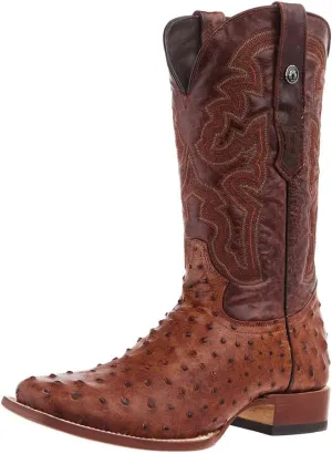 Men's Rustic Cognac Full Quill Ostrich Print Square Toe Cowboy Boot Cognac 12 D