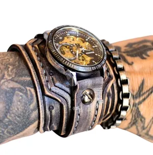 Men's Steampunk Leather Cuff Watch – 2.5" Wide Full Grain Leather Band, Automatic Mechanical Movement, Handmade in USA, Custom Fit, Vintage Gray Finish