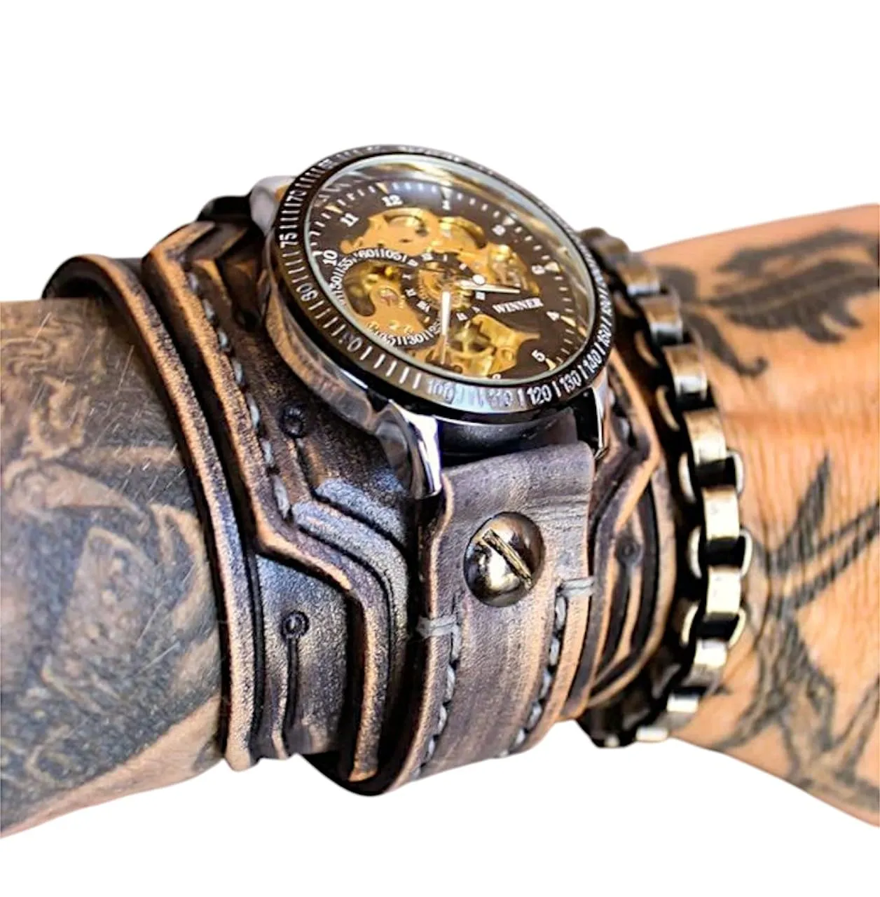 Men's Steampunk Leather Cuff Watch – 2.5" Wide Full Grain Leather Band, Automatic Mechanical Movement, Handmade in USA, Custom Fit, Vintage Gray Finish