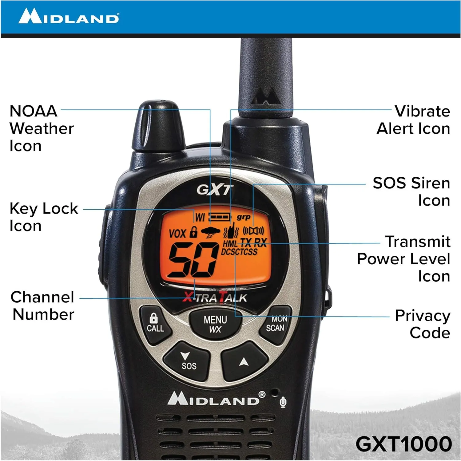 Midland GXT1000VP4 50 Channel GMRS Two-Way Radio - Up to 36 Mile Range Walkie Talkie - Black/Silver (Pack of 4)