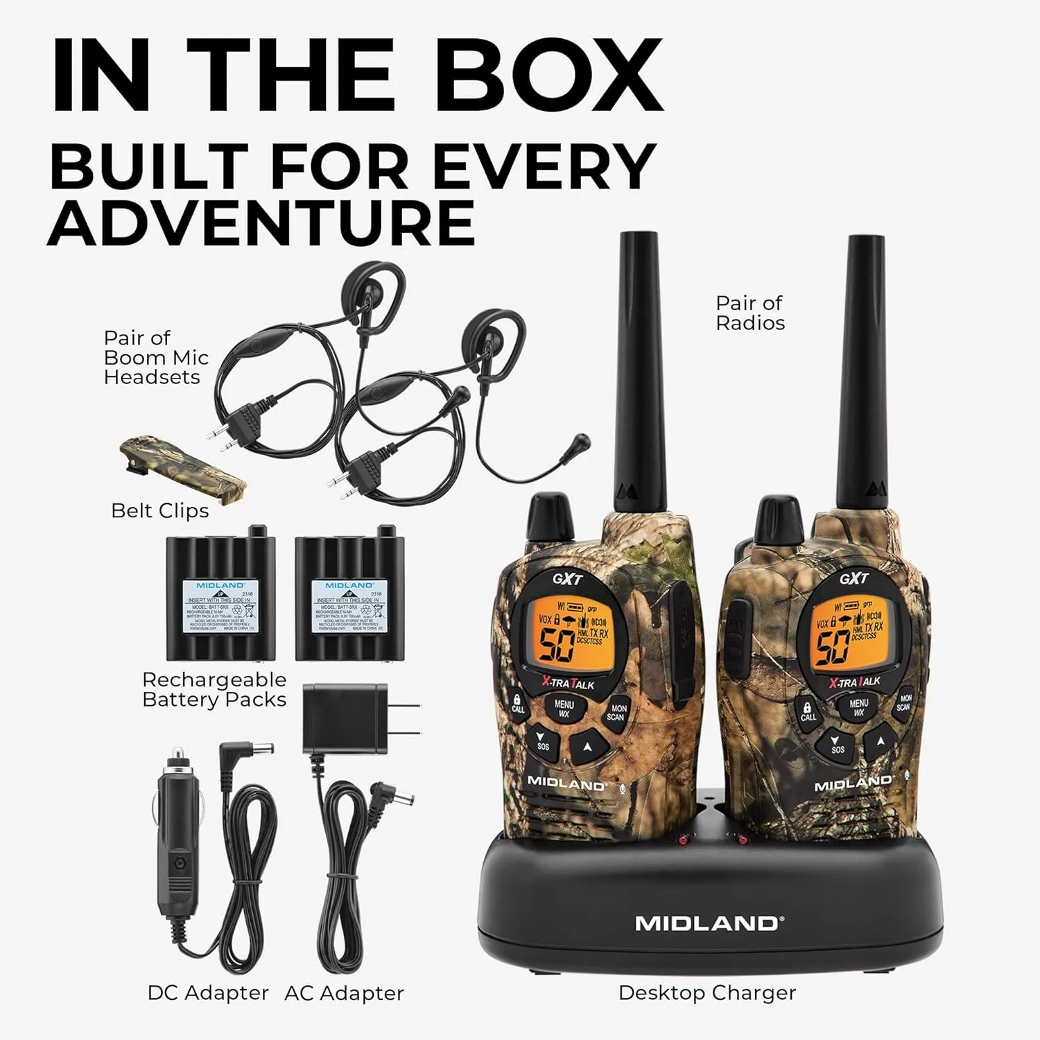Midland GXT1050VP4 Walkie Talkies Long Range - Two-Way Radio with Rechargeable Batteries - Handheld GMRS 50 Channel Radio - Mossy Oak Camo – Combo 2 Pack