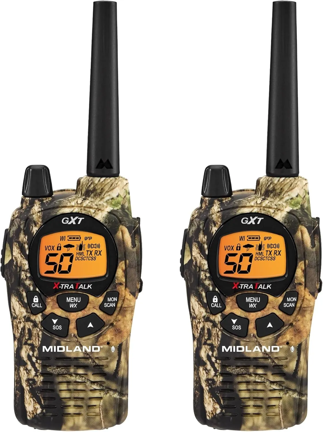 Midland GXT1050VP4 Walkie Talkies Long Range - Two-Way Radio with Rechargeable Batteries - Handheld GMRS 50 Channel Radio - Mossy Oak Camo – Combo 2 Pack