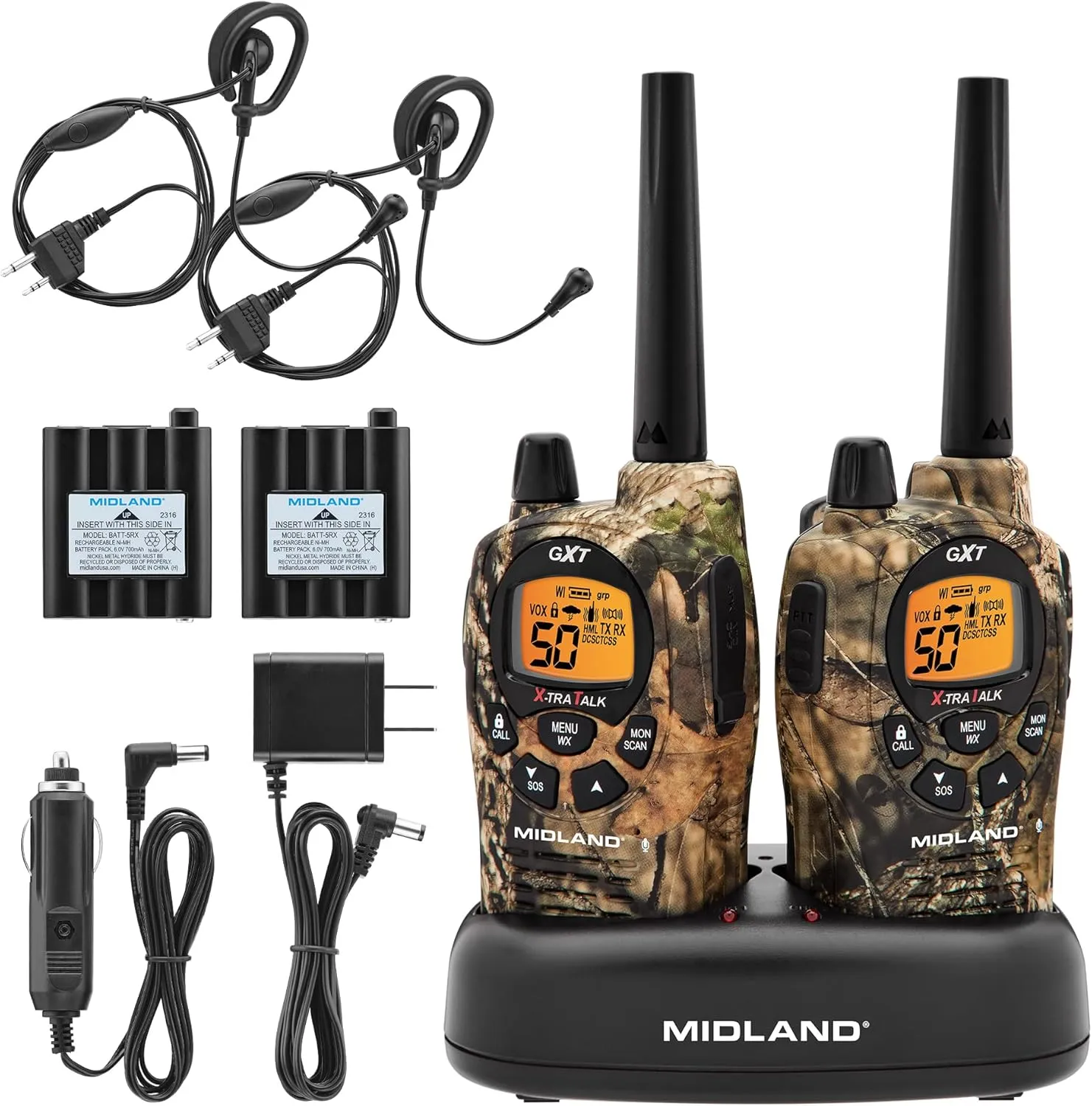 Midland GXT1050VP4 Walkie Talkies Long Range - Two-Way Radio with Rechargeable Batteries - Handheld GMRS 50 Channel Radio - Mossy Oak Camo – Combo 2 Pack