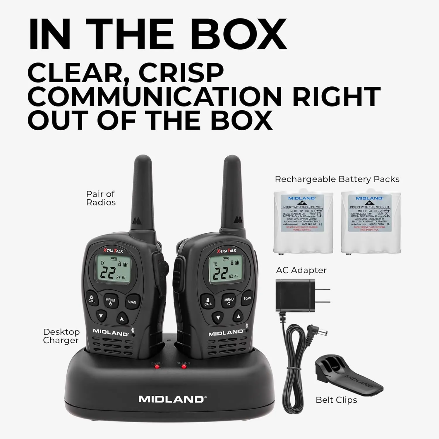 Midland - LXT500VP3, 22 Channel FRS Walkie Talkies with Channel Scan - Extended Range Two Way Radios, Silent Operation, Batteries Included (Pair Pack) (Black)