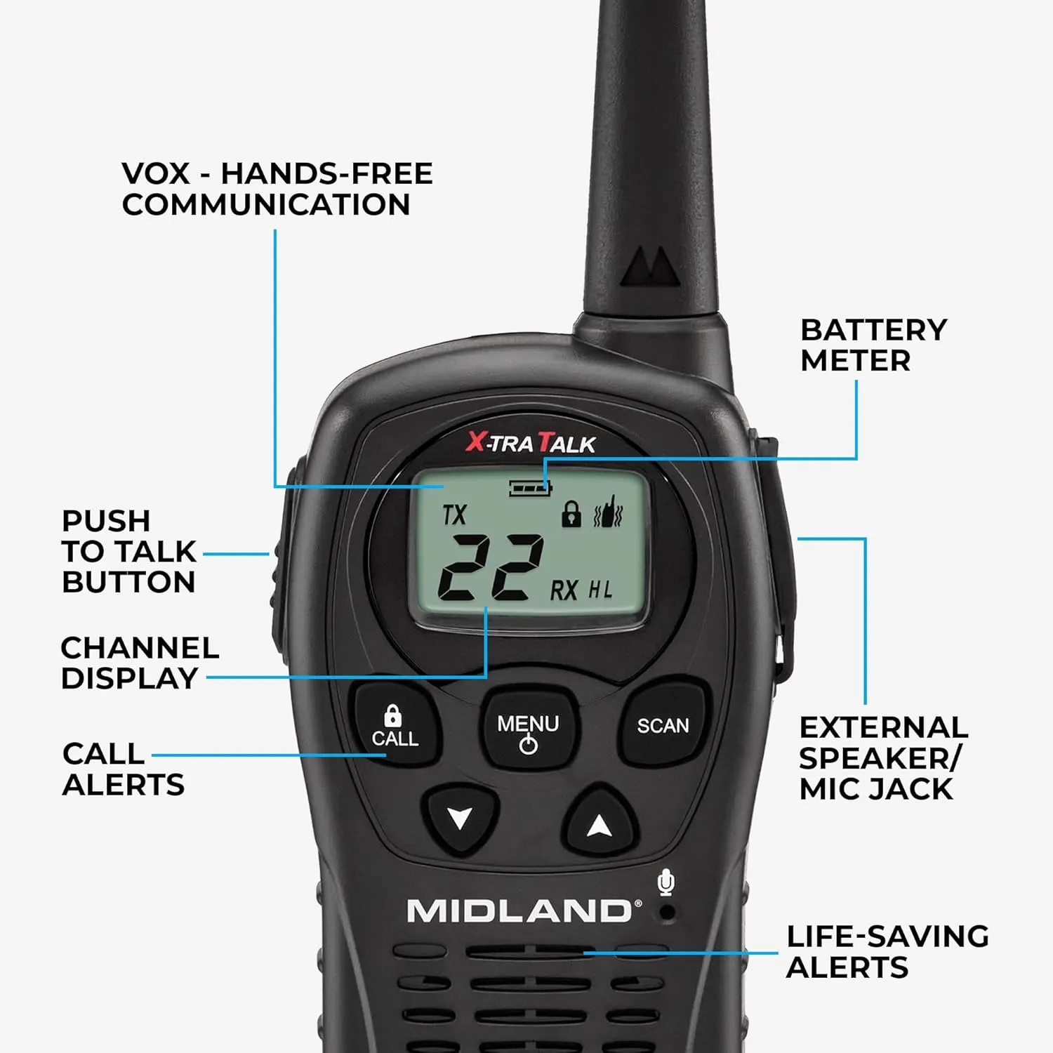 Midland - LXT500VP3, 22 Channel FRS Walkie Talkies with Channel Scan - Extended Range Two Way Radios, Silent Operation, Batteries Included (Pair Pack) (Black)