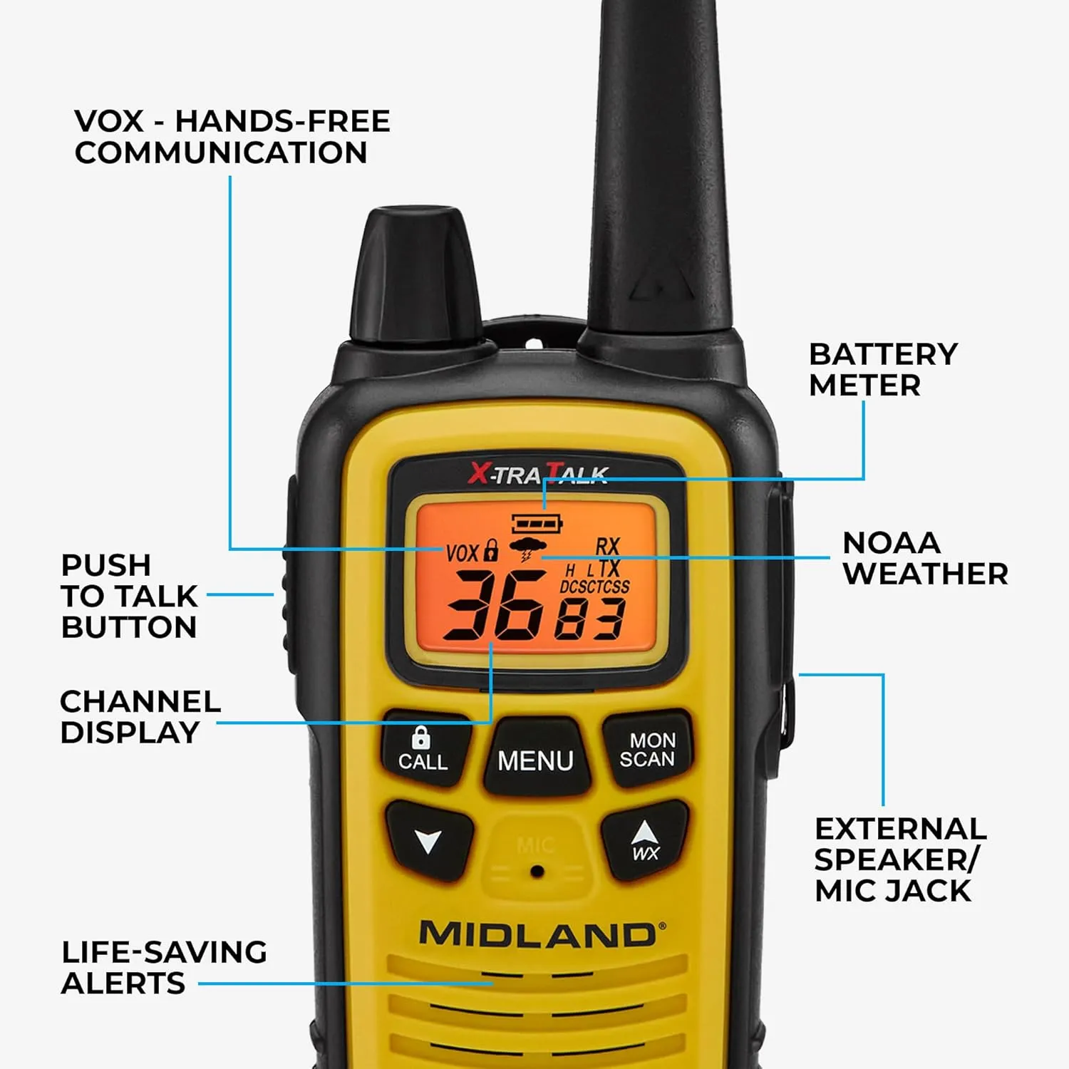 Midland LXT630X3VP3 FRS Walkie Talkies - Long Range 36-Channel Two-Way Radios, NOAA Weather Alerts (3-Pack, Yellow - Black)