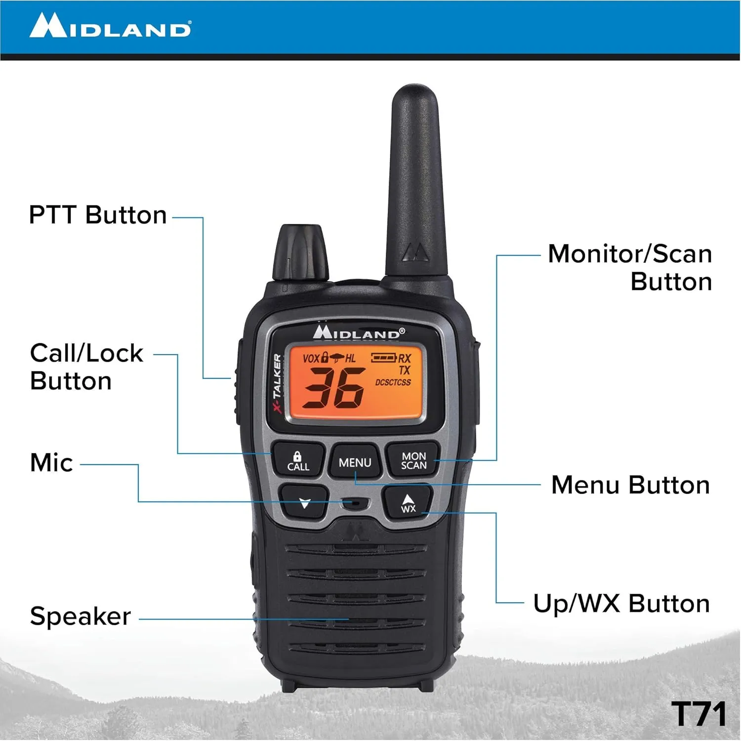 Midland T71VP3 36 Channel FRS Two-Way Radio - Up to 38 Mile Range Walkie Talkie - Black/Silver (Pack of 4), 6.2" x 1.3" x 2.3", Model Number: T71X4VP3
