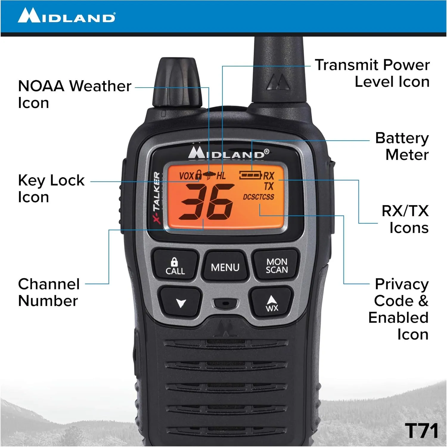 Midland T71VP3 36 Channel FRS Two-Way Radio - Up to 38 Mile Range Walkie Talkie - Black/Silver (Pack of 4), 6.2" x 1.3" x 2.3", Model Number: T71X4VP3