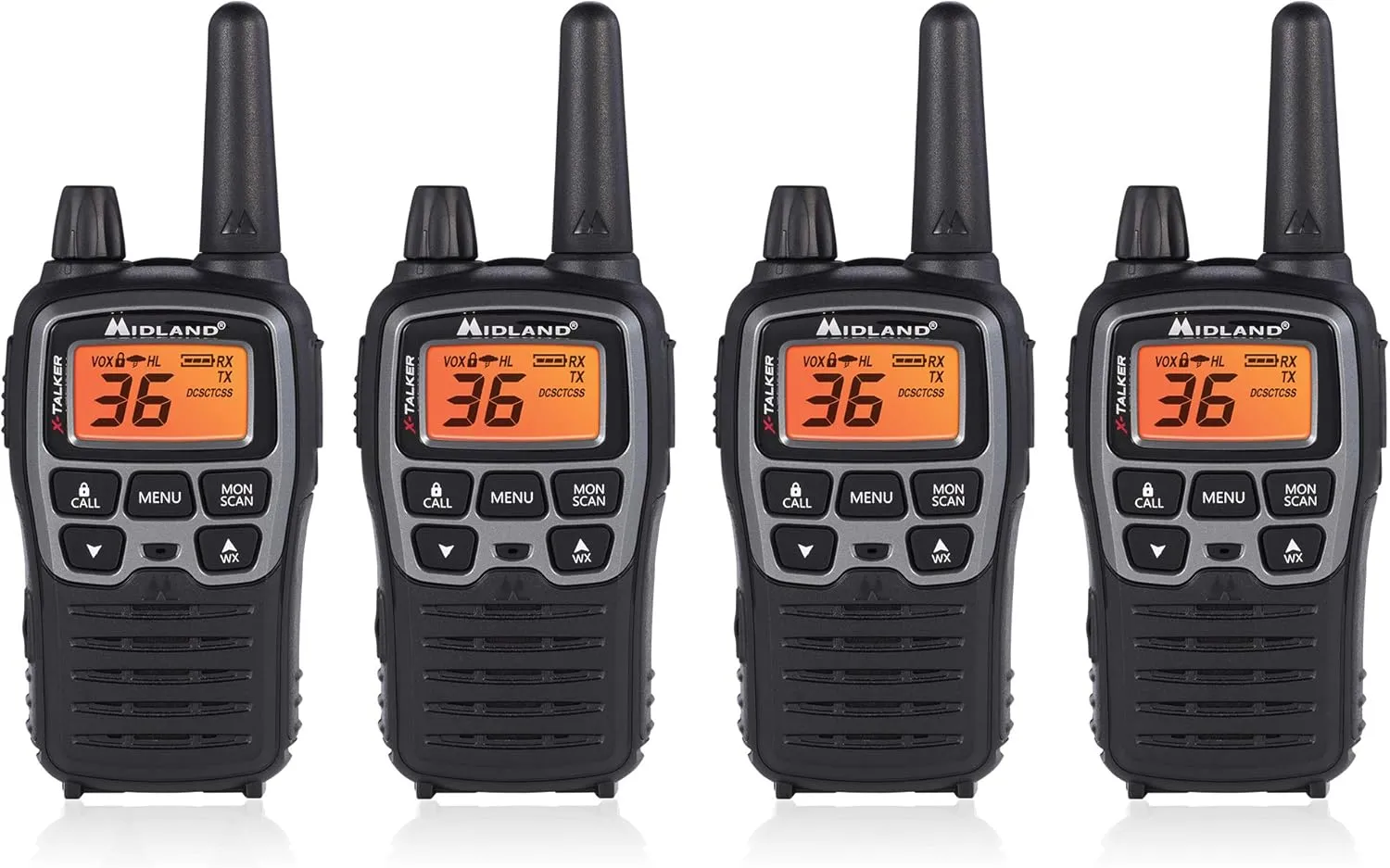 Midland T71VP3 36 Channel FRS Two-Way Radio - Up to 38 Mile Range Walkie Talkie - Black/Silver (Pack of 4), 6.2" x 1.3" x 2.3", Model Number: T71X4VP3