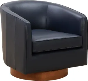 Midnight Blue Top Grain Leather Wood Base Swivel Chair