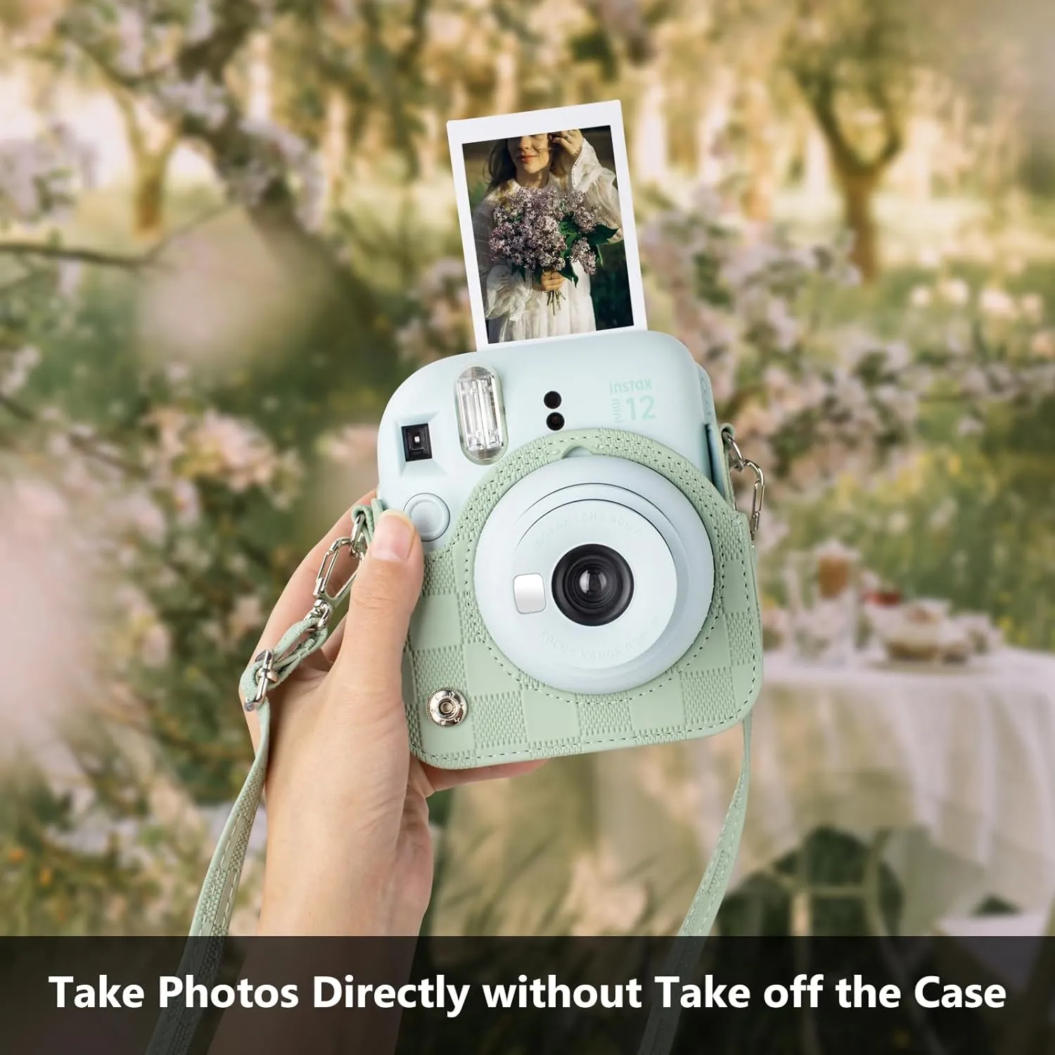 Mini 12 Camera Case Compatible with Fujifilm Instax Mini 12 Instant Camera, Newly Checkerboard Protective Carry Bag for Instax Mini 12 with Adjustable Strap - Mint Green