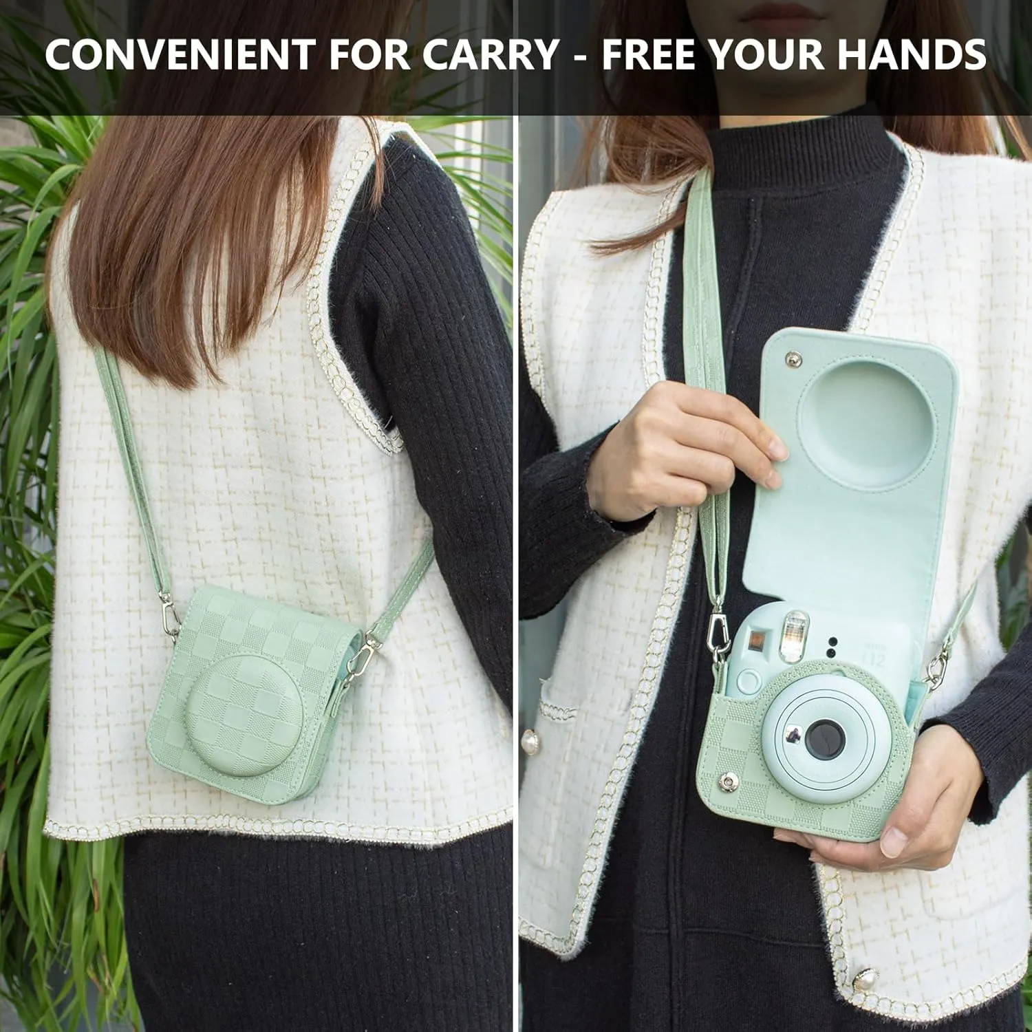 Mini 12 Camera Case Compatible with Fujifilm Instax Mini 12 Instant Camera, Newly Checkerboard Protective Carry Bag for Instax Mini 12 with Adjustable Strap - Mint Green
