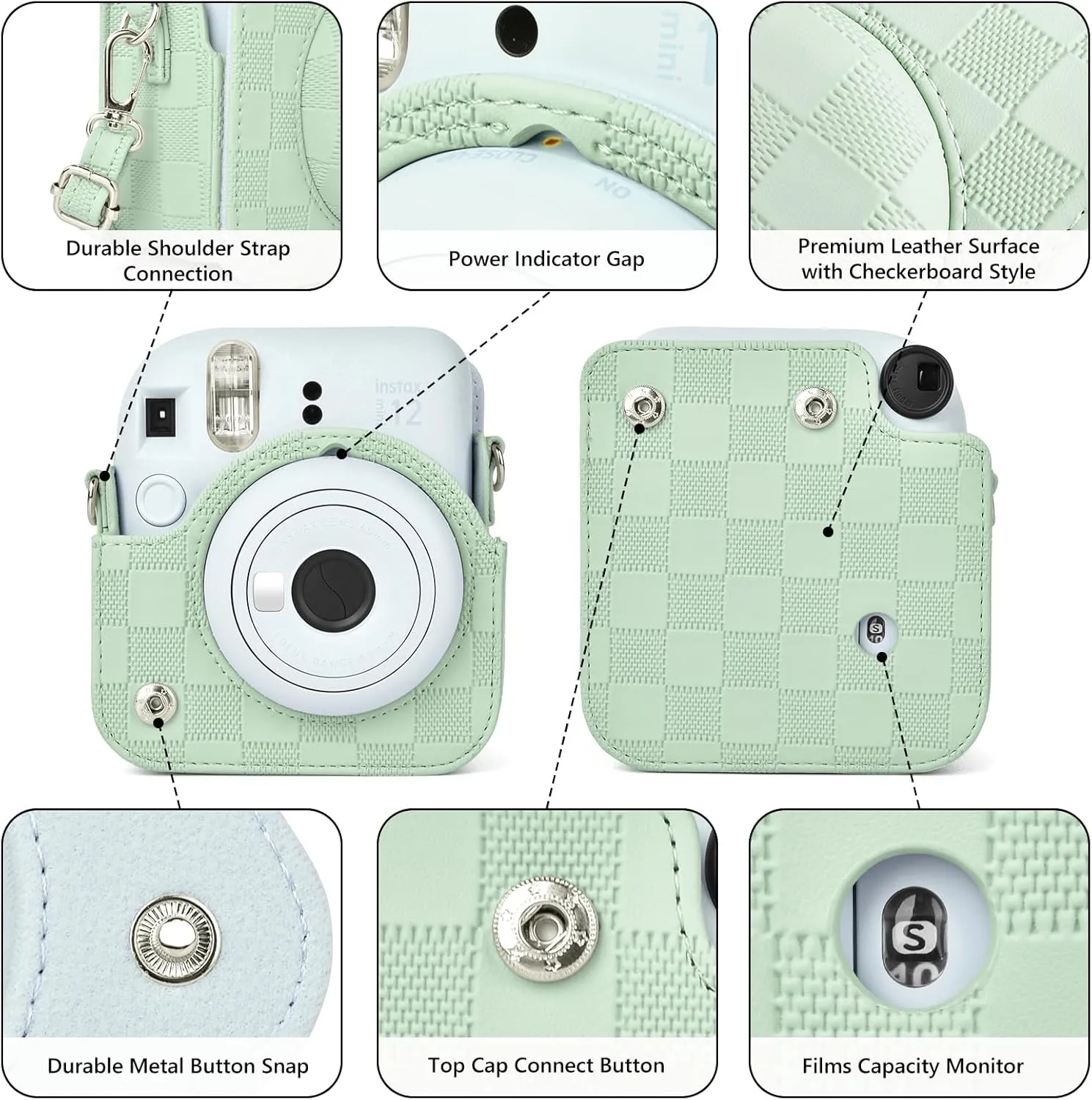 Mini 12 Camera Case Compatible with Fujifilm Instax Mini 12 Instant Camera, Newly Checkerboard Protective Carry Bag for Instax Mini 12 with Adjustable Strap - Mint Green