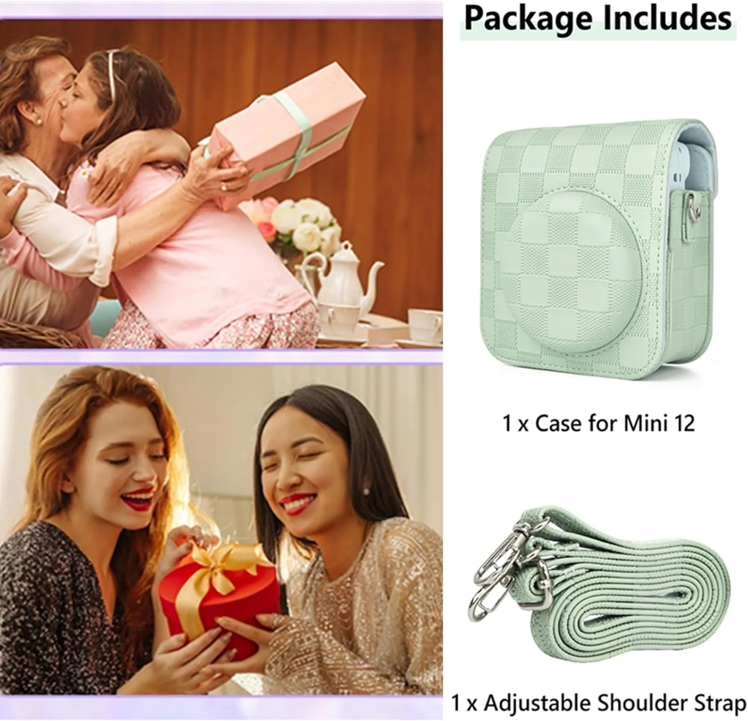 Mini 12 Camera Case Compatible with Fujifilm Instax Mini 12 Instant Camera, Newly Checkerboard Protective Carry Bag for Instax Mini 12 with Adjustable Strap - Mint Green