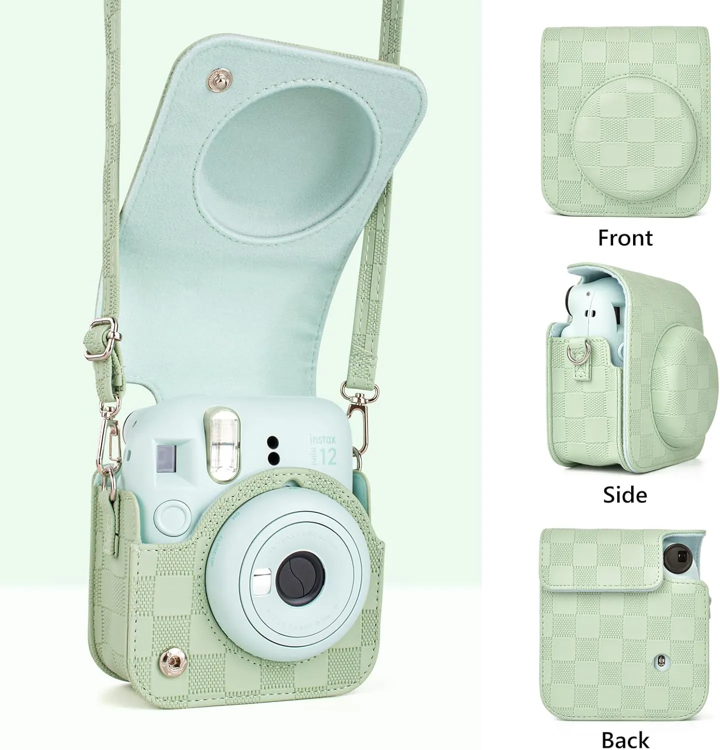 Mini 12 Camera Case Compatible with Fujifilm Instax Mini 12 Instant Camera, Newly Checkerboard Protective Carry Bag for Instax Mini 12 with Adjustable Strap - Mint Green