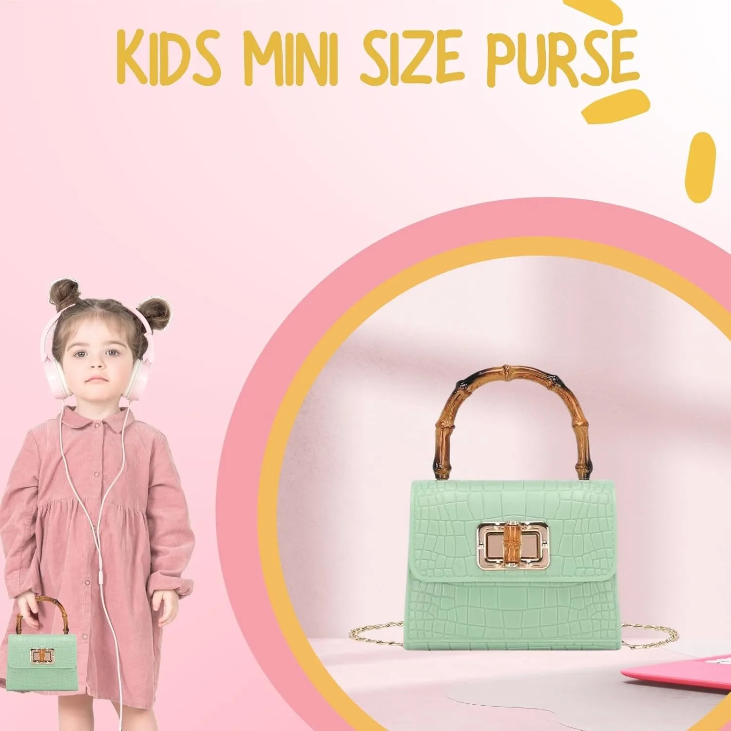 Mini Bamboo Handle Kids Purse: Crocodile Leather Pattern Toddler Handbag, Multiple Colour, with Sunglasses Option