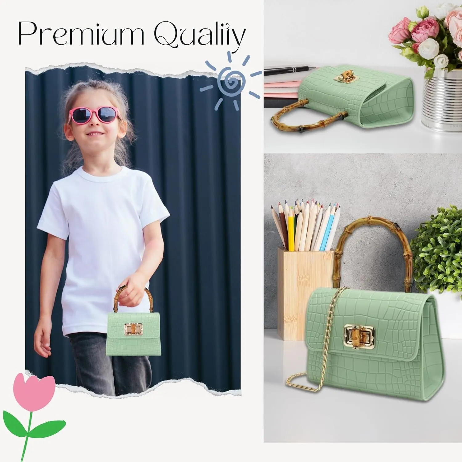 Mini Bamboo Handle Kids Purse: Crocodile Leather Pattern Toddler Handbag, Multiple Colour, with Sunglasses Option